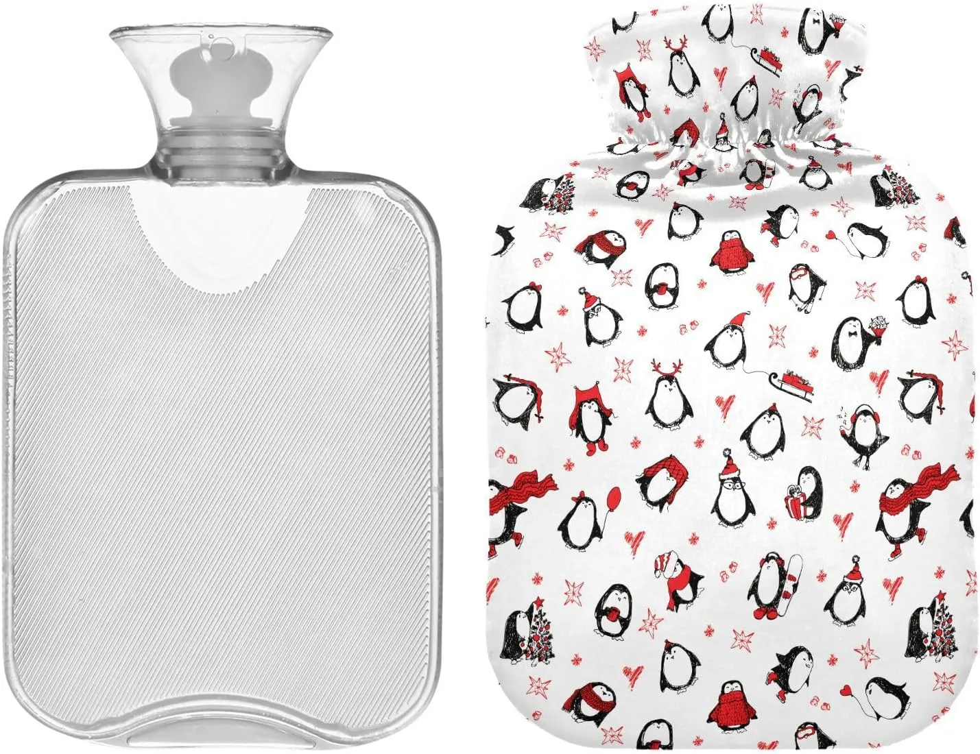 Christmas Penguins White Red Hot Water Bottle with Cover 1L Winter Hot Water Bag Warm Water Bag for Neck, Shoulders and Legs Pain Relief, Menstrual Cramps