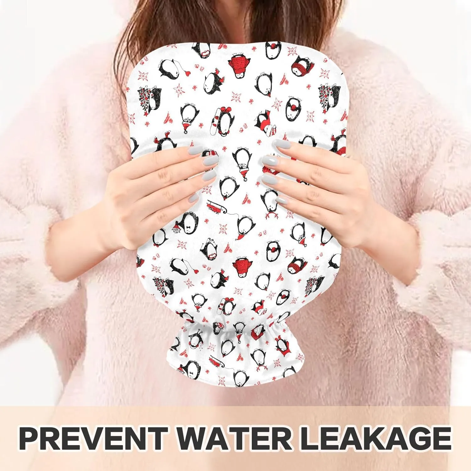 Christmas Penguins White Red Hot Water Bottle with Cover 1L Winter Hot Water Bag Warm Water Bag for Neck, Shoulders and Legs Pain Relief, Menstrual Cramps