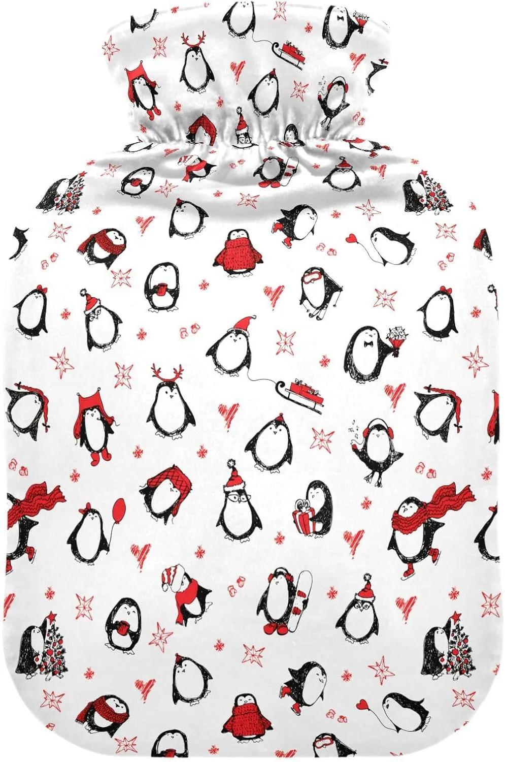 Christmas Penguins White Red Hot Water Bottle with Cover 1L Winter Hot Water Bag Warm Water Bag for Neck, Shoulders and Legs Pain Relief, Menstrual Cramps