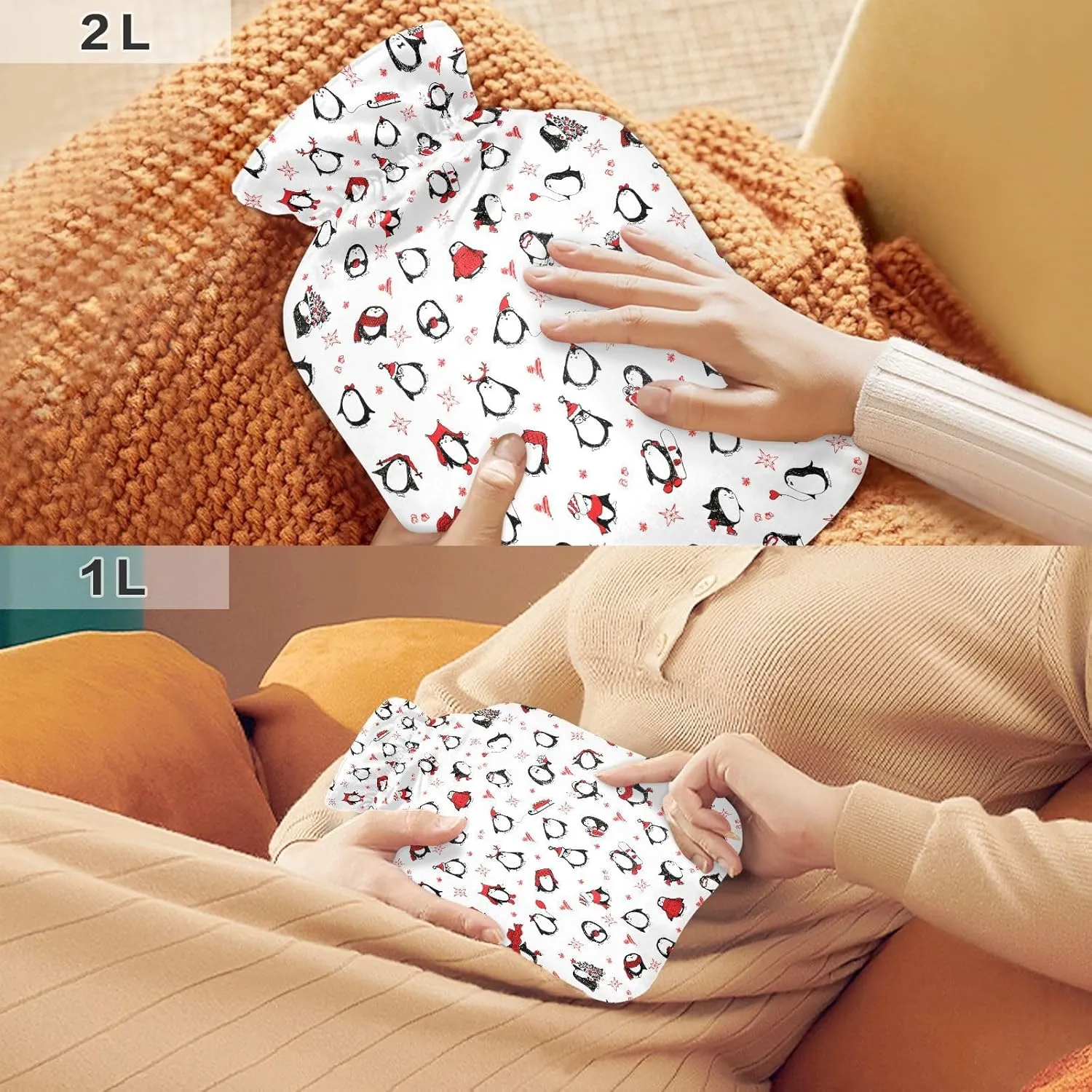 Christmas Penguins White Red Hot Water Bottle with Cover 1L Winter Hot Water Bag Warm Water Bag for Neck, Shoulders and Legs Pain Relief, Menstrual Cramps