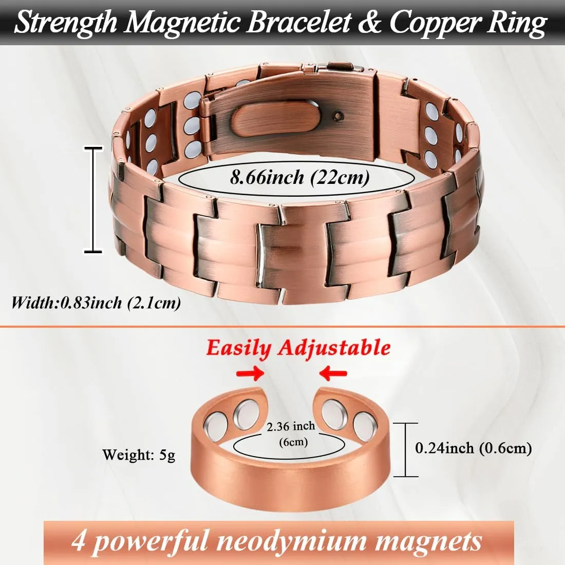 Cigamg 3X Copper Bracelet for Men Triple Strength Magnets Pure Copper Magnetic Bracelet & Ring Set with Adjustable Sizing Tool