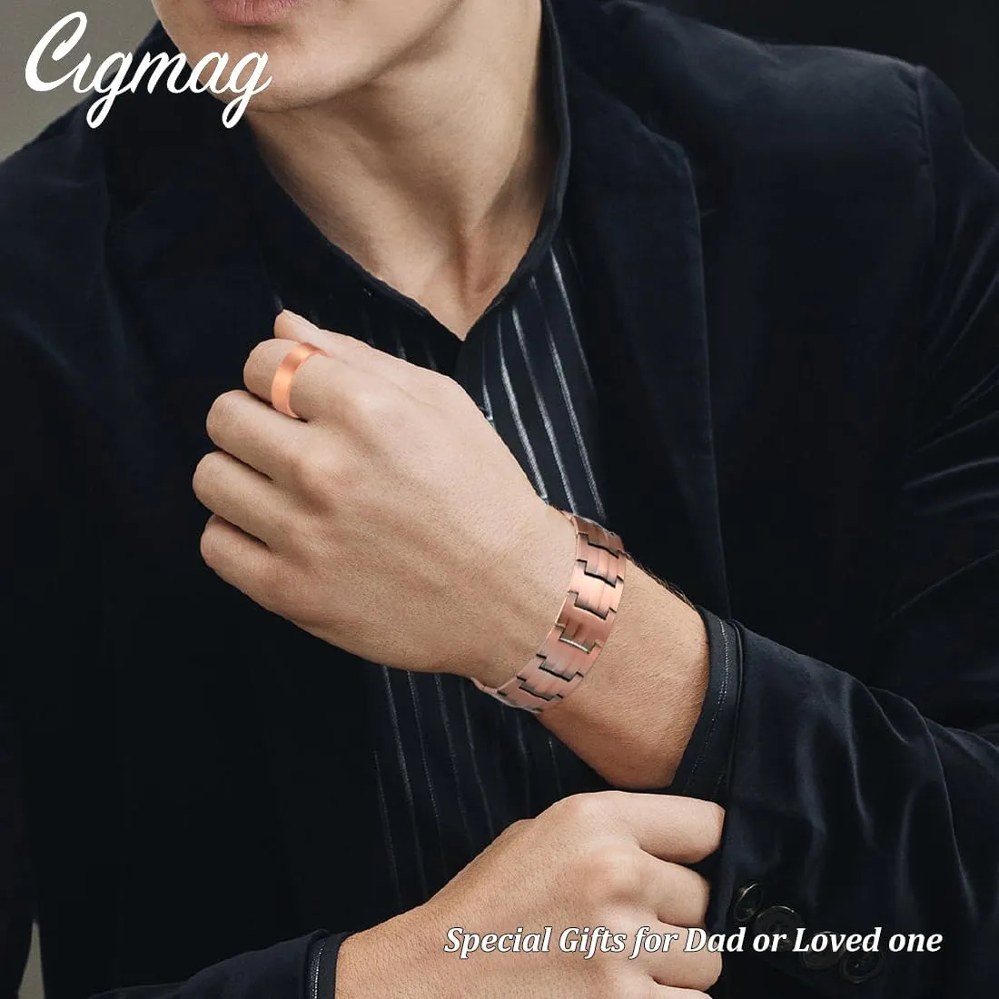 Cigamg 3X Copper Bracelet for Men Triple Strength Magnets Pure Copper Magnetic Bracelet & Ring Set with Adjustable Sizing Tool