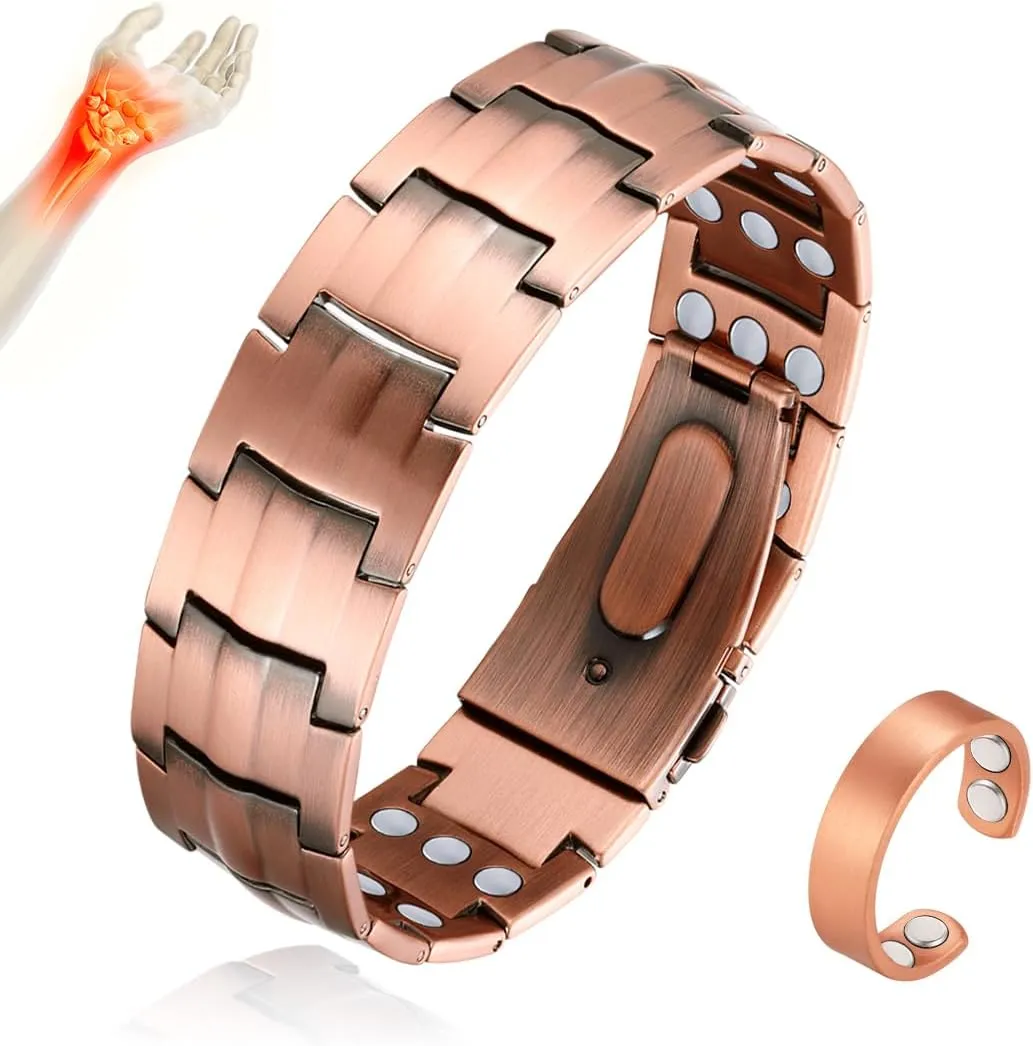 Cigamg 3X Copper Bracelet for Men Triple Strength Magnets Pure Copper Magnetic Bracelet & Ring Set with Adjustable Sizing Tool