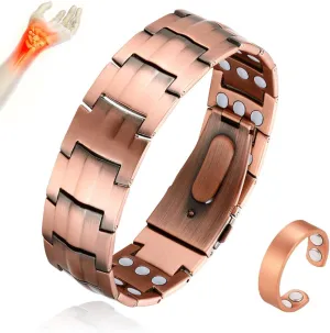 Cigamg 3X Copper Bracelet for Men Triple Strength Magnets Pure Copper Magnetic Bracelet & Ring Set with Adjustable Sizing Tool