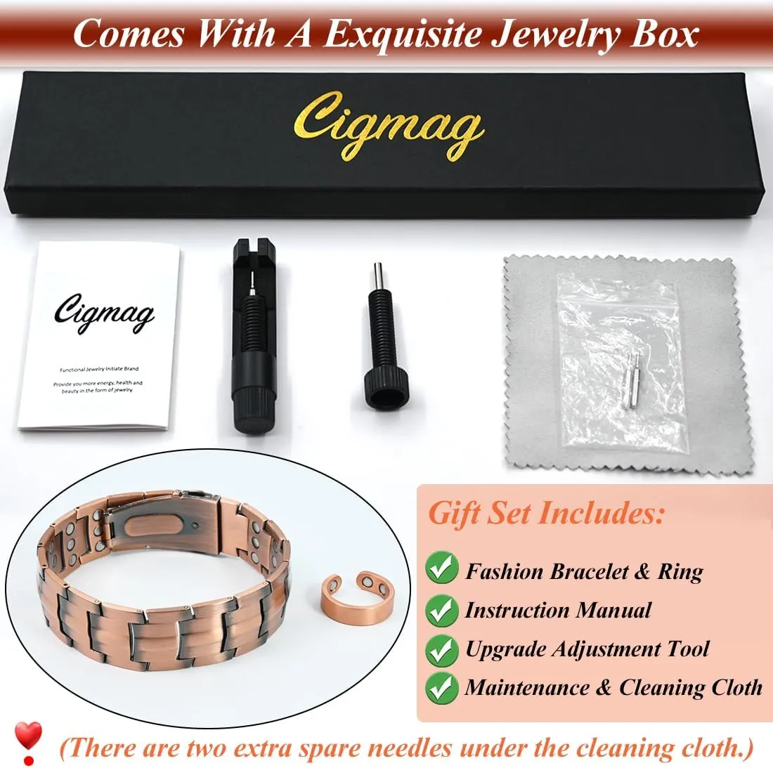 Cigamg 3X Copper Bracelet for Men Triple Strength Magnets Pure Copper Magnetic Bracelet & Ring Set with Adjustable Sizing Tool