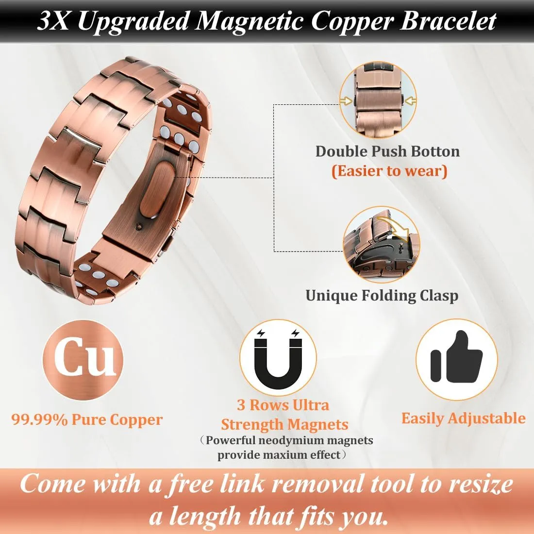 Cigamg 3X Copper Bracelet for Men Triple Strength Magnets Pure Copper Magnetic Bracelet & Ring Set with Adjustable Sizing Tool