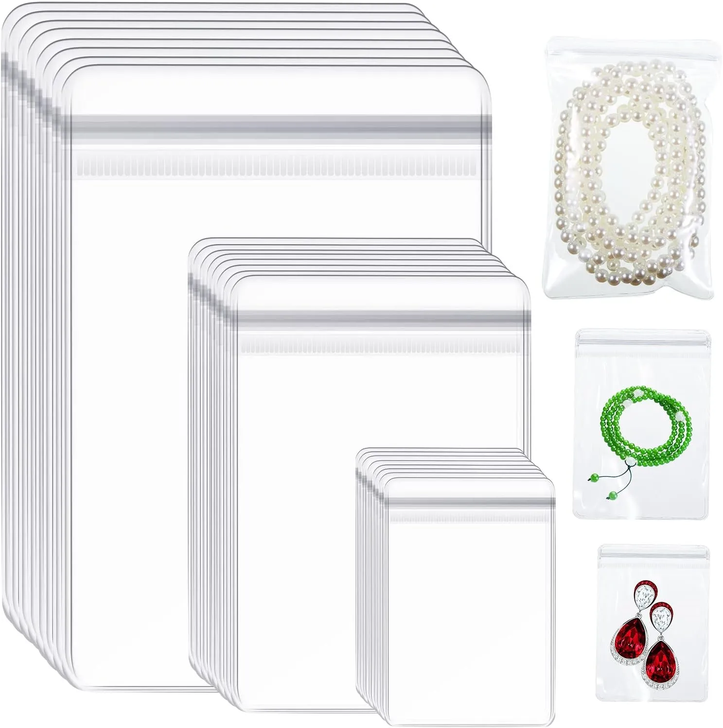 Clabby 180 Pieces PVC Jewelry Bag Clear Plastic Zipper Self Adhesive Rings Earrings Storage Pouch Jewelry Transparent Lock Bags for Holding Jewelries, 1.6 x 2.4 Inch, 2.8 x 4 Inch, 4 x 6 Inch