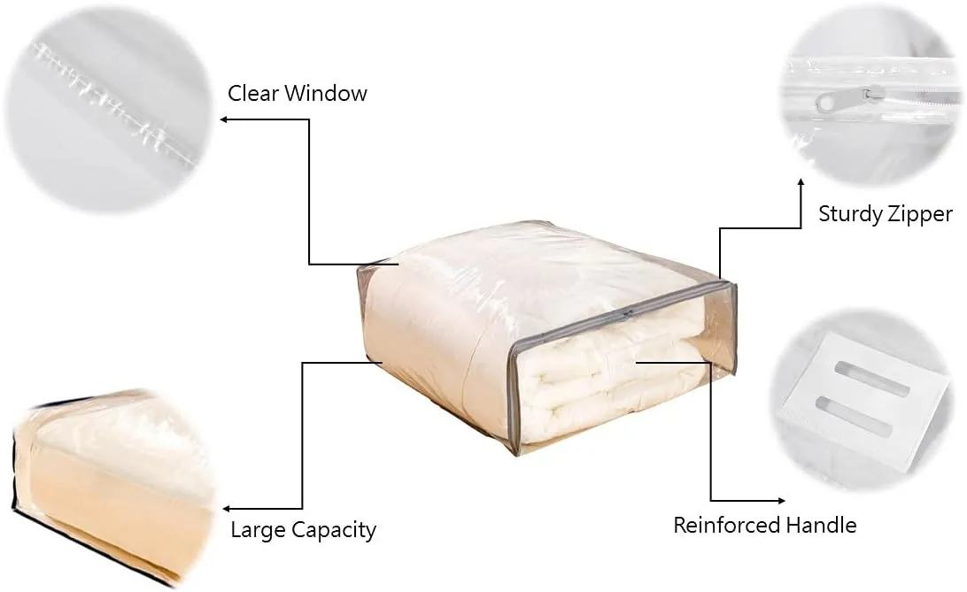 Clear Vinyl Zippered Storage Bags with Handle 15x18x6 Inch Pack of 12 for Blanket, Linen, Sweater, Bed Sheet, Quilt, Clothes, Pillow, Comforter, Foldable