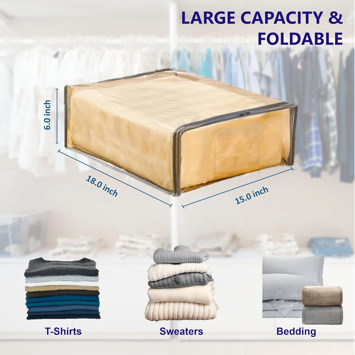 Clear Vinyl Zippered Storage Bags with Handle 15x18x6 Inch Pack of 12 for Blanket, Linen, Sweater, Bed Sheet, Quilt, Clothes, Pillow, Comforter, Foldable