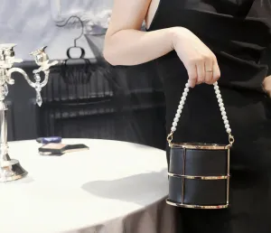 Clutch Bag for Women Pearl Evening Bags Top-Handle Metal Bucket Bag Crystal Chic Purses Formal Wedding Handbags