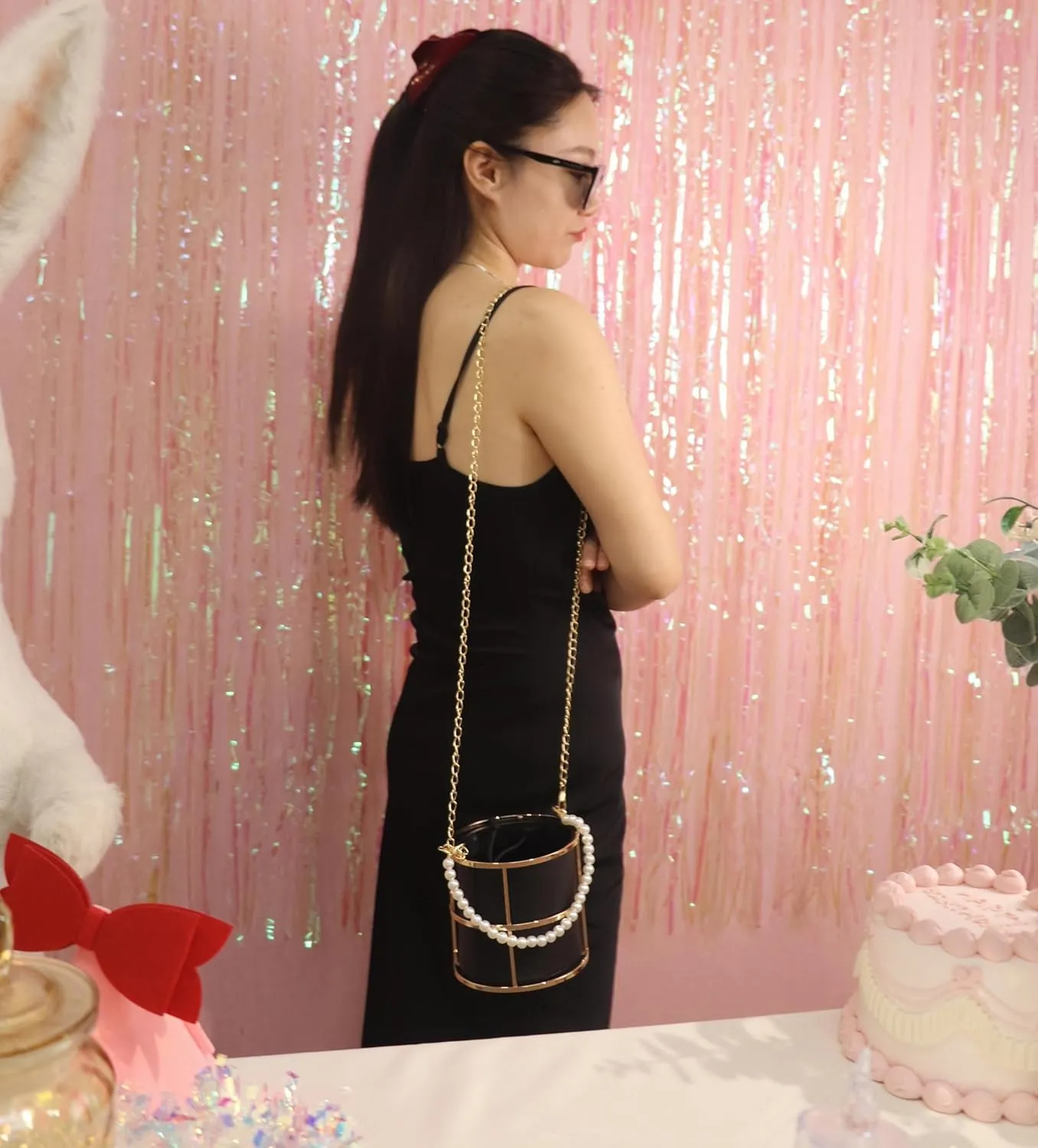 Clutch Bag for Women Pearl Evening Bags Top-Handle Metal Bucket Bag Crystal Chic Purses Formal Wedding Handbags