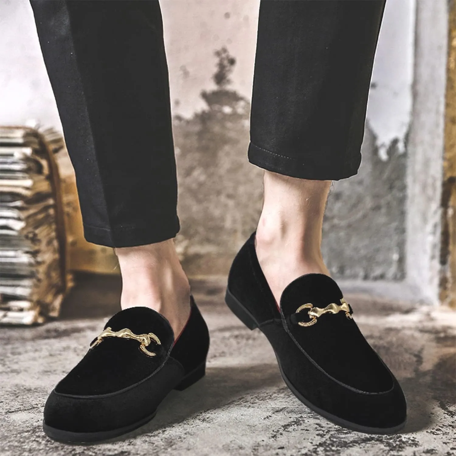 CMM Men's Velvet Slip On Loafers Shiny Metallic Slipper Loafers Luxury Dress Shoes Nightclub Party