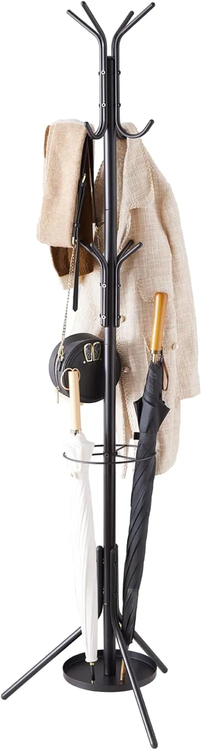 Coat Rack Freestanding,Metal Coat Tree with Umbrella Holder,Hat and Coat Rack Stand for Entryway, Hallway, Living Room, Bedroom (Black)