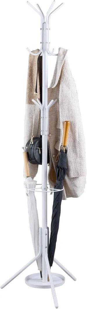 Coat Rack Freestanding,Metal Coat Tree with Umbrella Holder,Hat and Coat Rack Stand for Entryway, Hallway, Living Room, Bedroom (White)