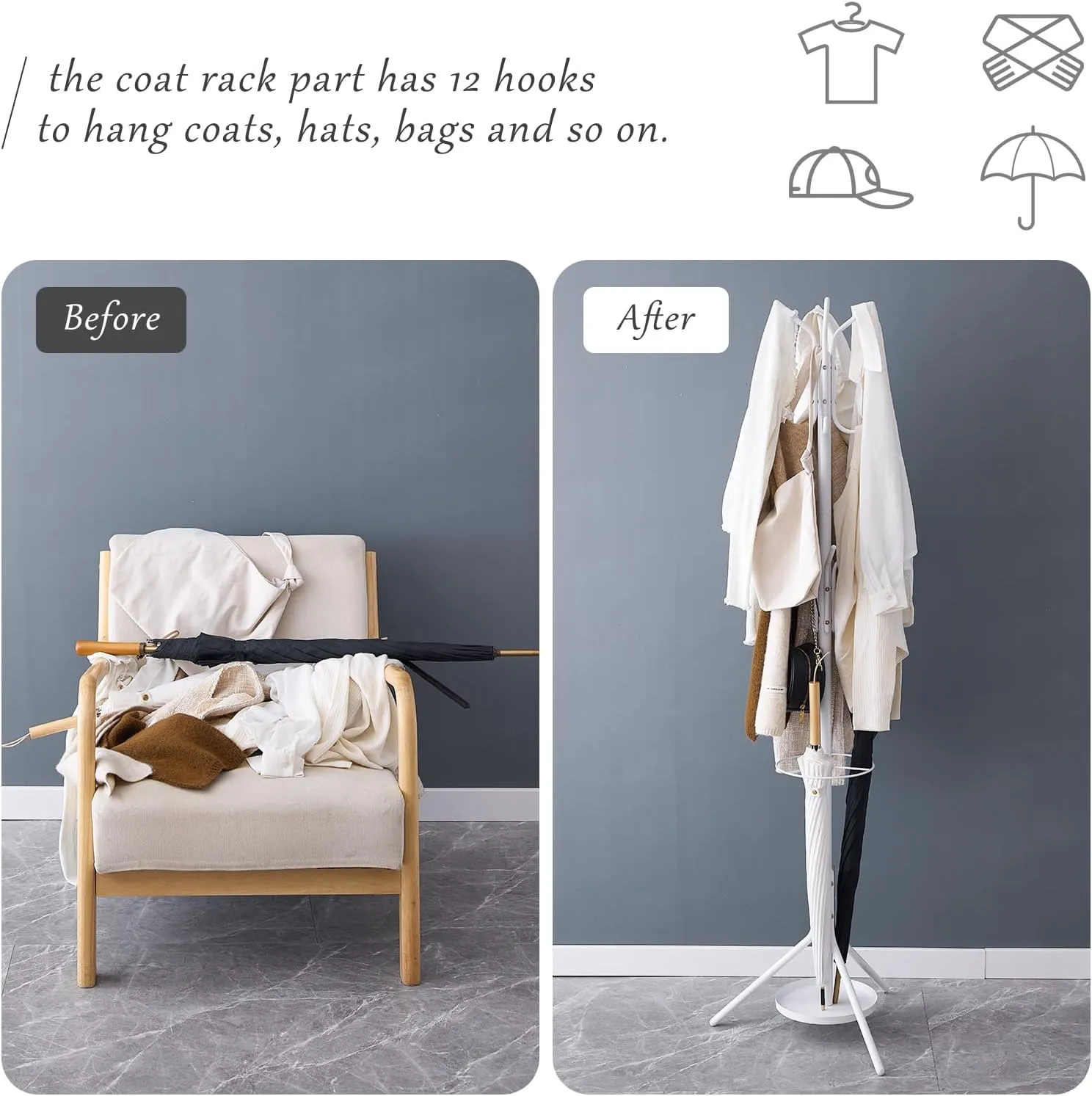 Coat Rack Freestanding,Metal Coat Tree with Umbrella Holder,Hat and Coat Rack Stand for Entryway, Hallway, Living Room, Bedroom (White)