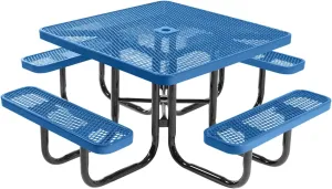 Coated Outdoor Furniture Heavy-Duty Portable Outdoor Picnic Table with Umbrella Hole, Expanded Metal Commercial-Grade Patio Dining Furniture Made in America (46" Square Top, Textured Light Blue)