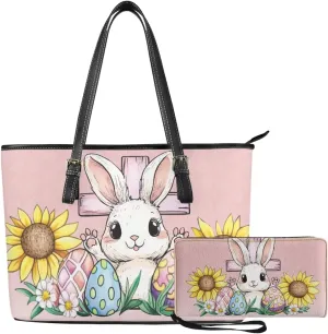 Coldinair Easter Handbag Tote Bag for Women Ladies Top Handle Purse and Wallet Set Leather Tote Purse for Women