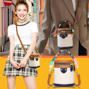 Colorblock Bucket Bag For Women Summer Niche Design Cylinder Crossbody Bag Fashionable PU Leather Ribbon Handle