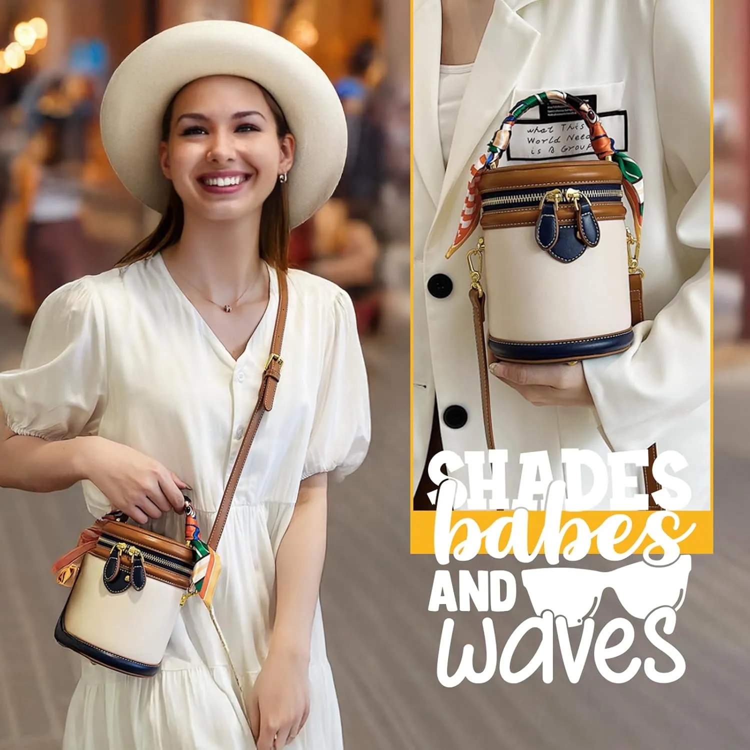 Colorblock Bucket Bag For Women Summer Niche Design Cylinder Crossbody Bag Fashionable PU Leather Ribbon Handle