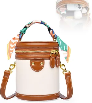 Colorblock Bucket Bag For Women Summer Niche Design Cylinder Crossbody Bag Fashionable PU Leather Ribbon Handle