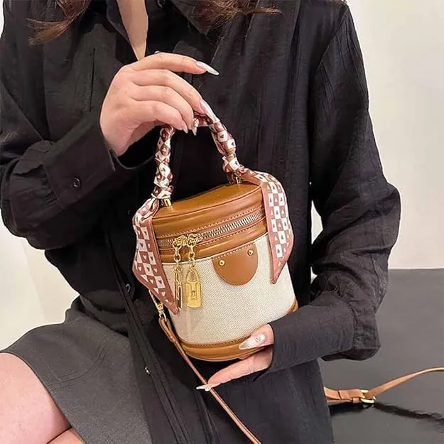 Colorblock Bucket Bag For Women,2025 New Summer Niche Design Cylinder Bag，Crossbody Leather Bucket Handbag Versatile Bags
