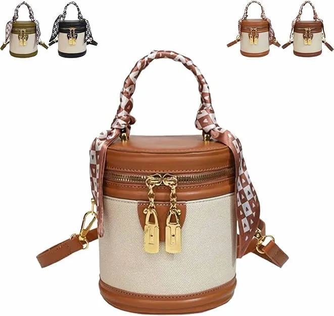 Colorblock Bucket Bag For Women,2025 New Summer Niche Design Cylinder Bag，Crossbody Leather Bucket Handbag Versatile Bags
