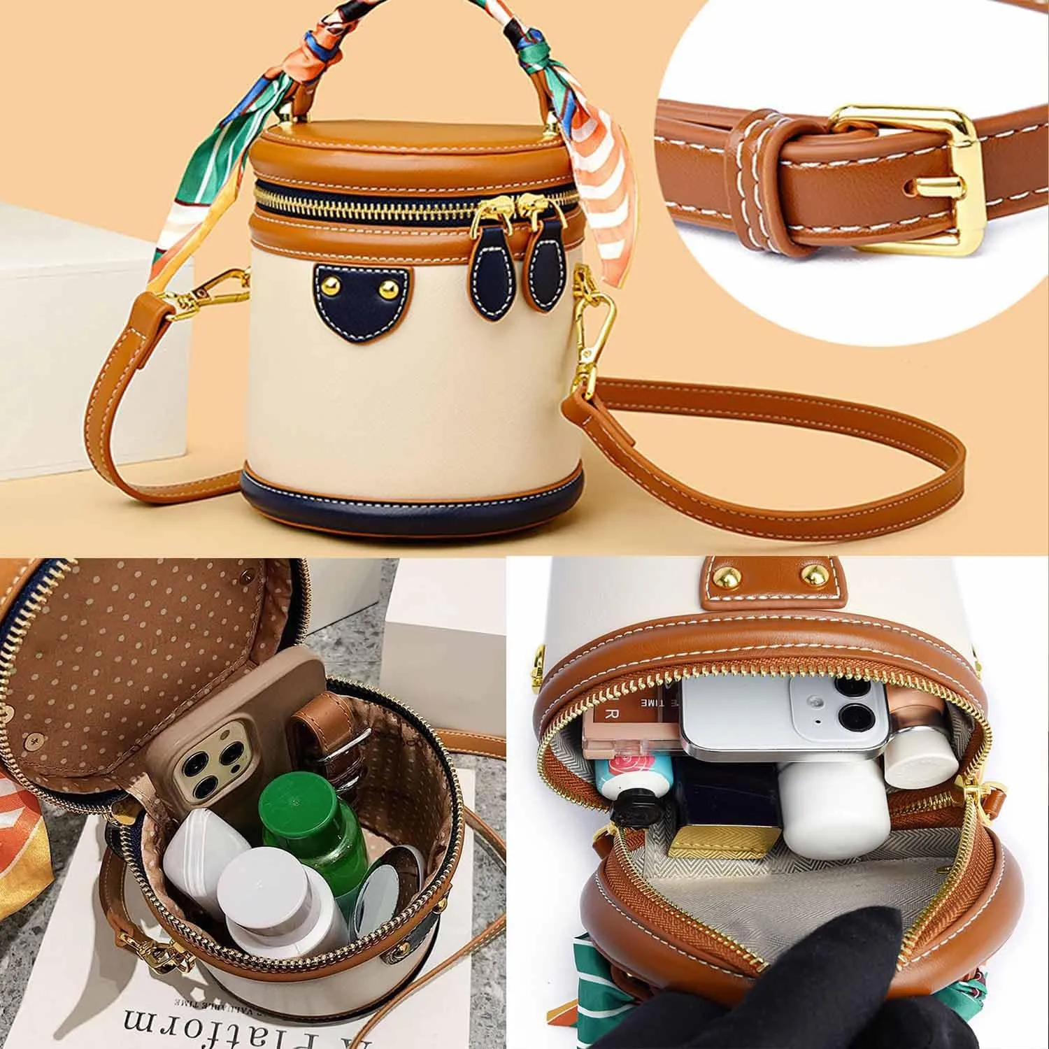 Colorblock Bucket Bag For Women,Colorblock Cylinder Fashion Leather Crossbody Bag For Travel, Vacation