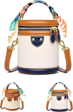 Colorblock Bucket Bag For Women,Colorblock Cylinder Fashion Leather Crossbody Bag For Travel, Vacation