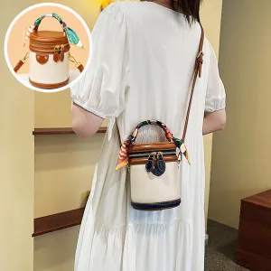 Colorblock Bucket Bag For Women,Colorblock Cylinder Fashion Leather Crossbody Bag For Travel, Vacation
