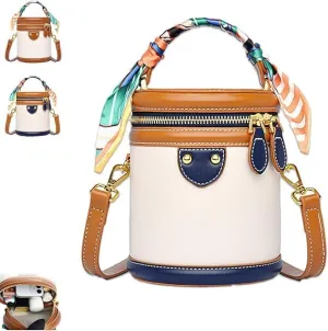 Colorblock Bucket Bag for Women,Leather Bucket Handbag,Ribbon Handle,Fashion Versatile Crossbody Bag