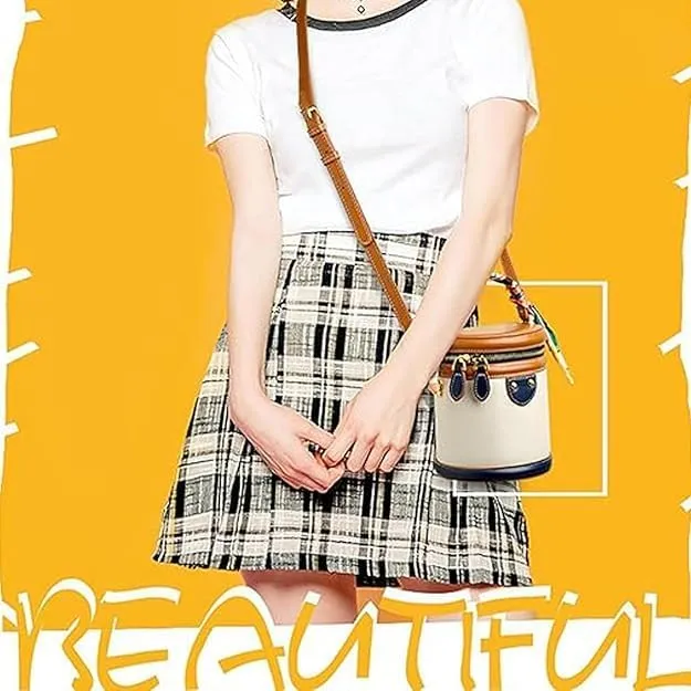 Colorblock Bucket Bag for Women,Leather Fashion Versatile Colorblock Cylinder Bag,Crossbody Bags for Women