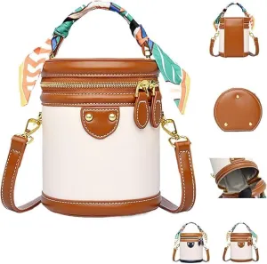 Colorblock Bucket Bag for Women,Leather Fashion Versatile Colorblock Cylinder Bag,Crossbody Bags for Women
