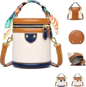 Colorblock Bucket Bag for Women,Leather Fashion Versatile Colorblock Cylinder Bag,Crossbody Bags for Women
