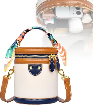Colorblock Bucket Bag for Women,PU Leather Crossbody Bag with Ribbon Handle,Versatile Cylinder Bucket Bag