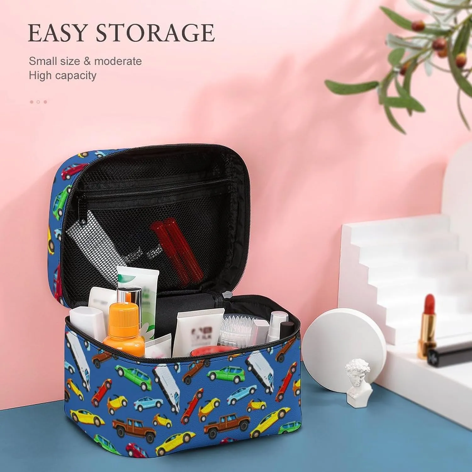 Colorful Anime Cars Travel Makeup Bag For Women Cosmetic Bags Organizer With Soft Handle Compartments Mens Big Capacity Skincare Toiletry Bag Camping Wedding Make Up Pouch