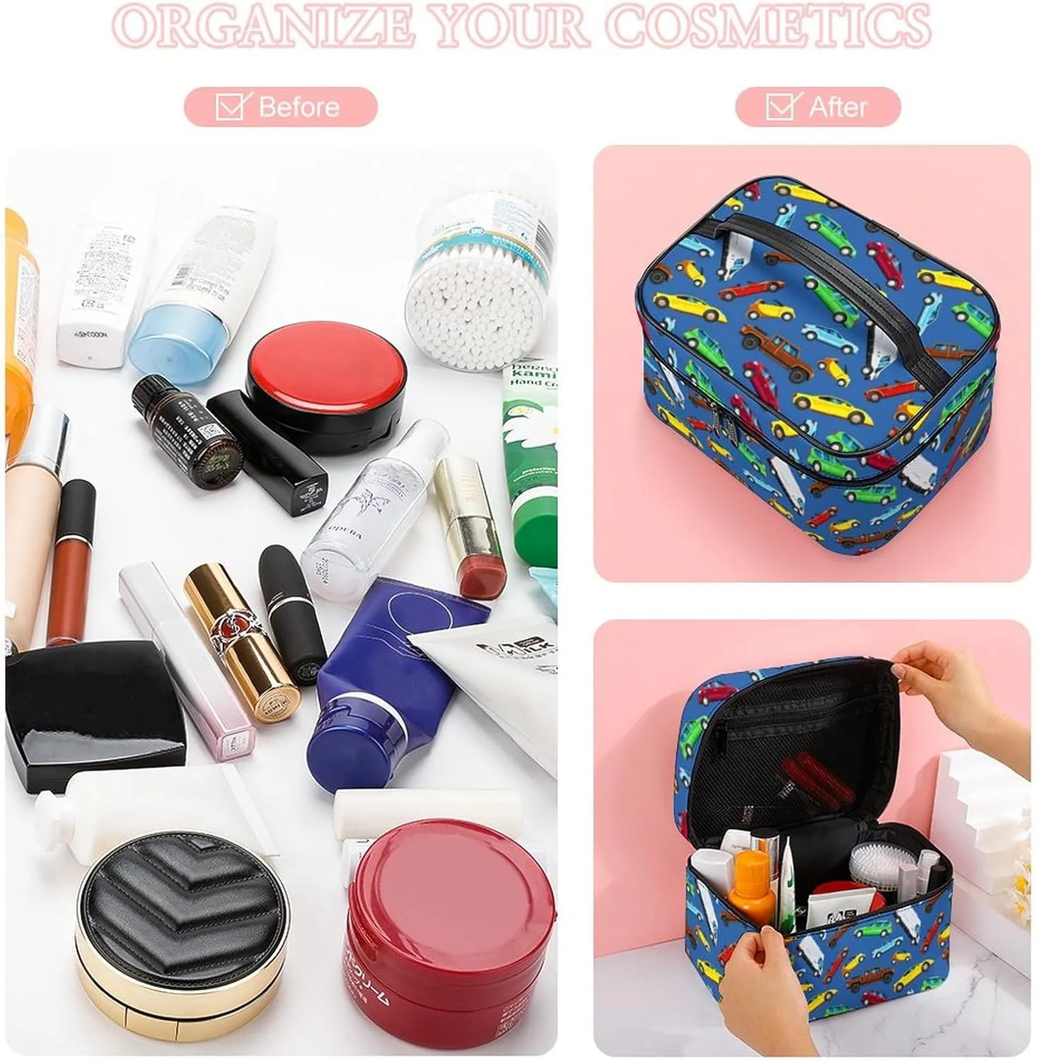 Colorful Anime Cars Travel Makeup Bag For Women Cosmetic Bags Organizer With Soft Handle Compartments Mens Big Capacity Skincare Toiletry Bag Camping Wedding Make Up Pouch