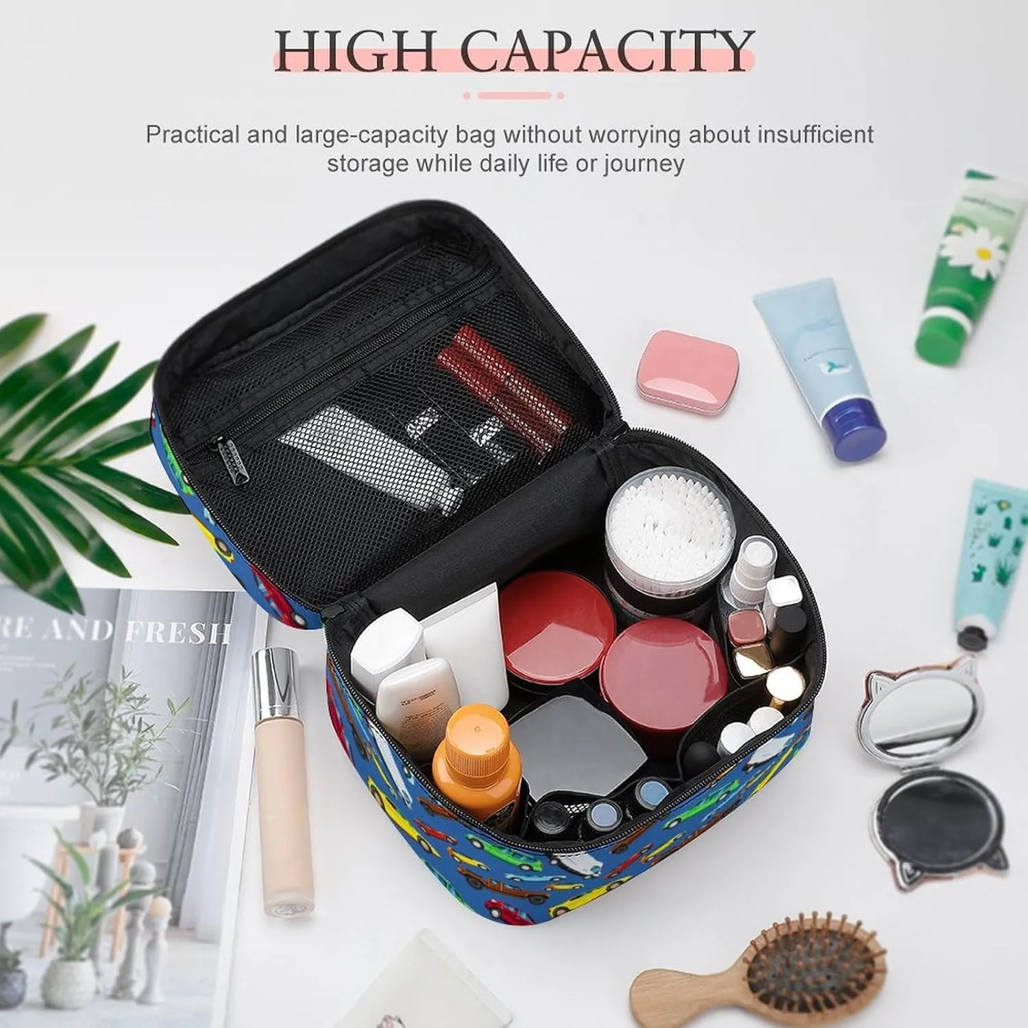 Colorful Anime Cars Travel Makeup Bag For Women Cosmetic Bags Organizer With Soft Handle Compartments Mens Big Capacity Skincare Toiletry Bag Camping Wedding Make Up Pouch