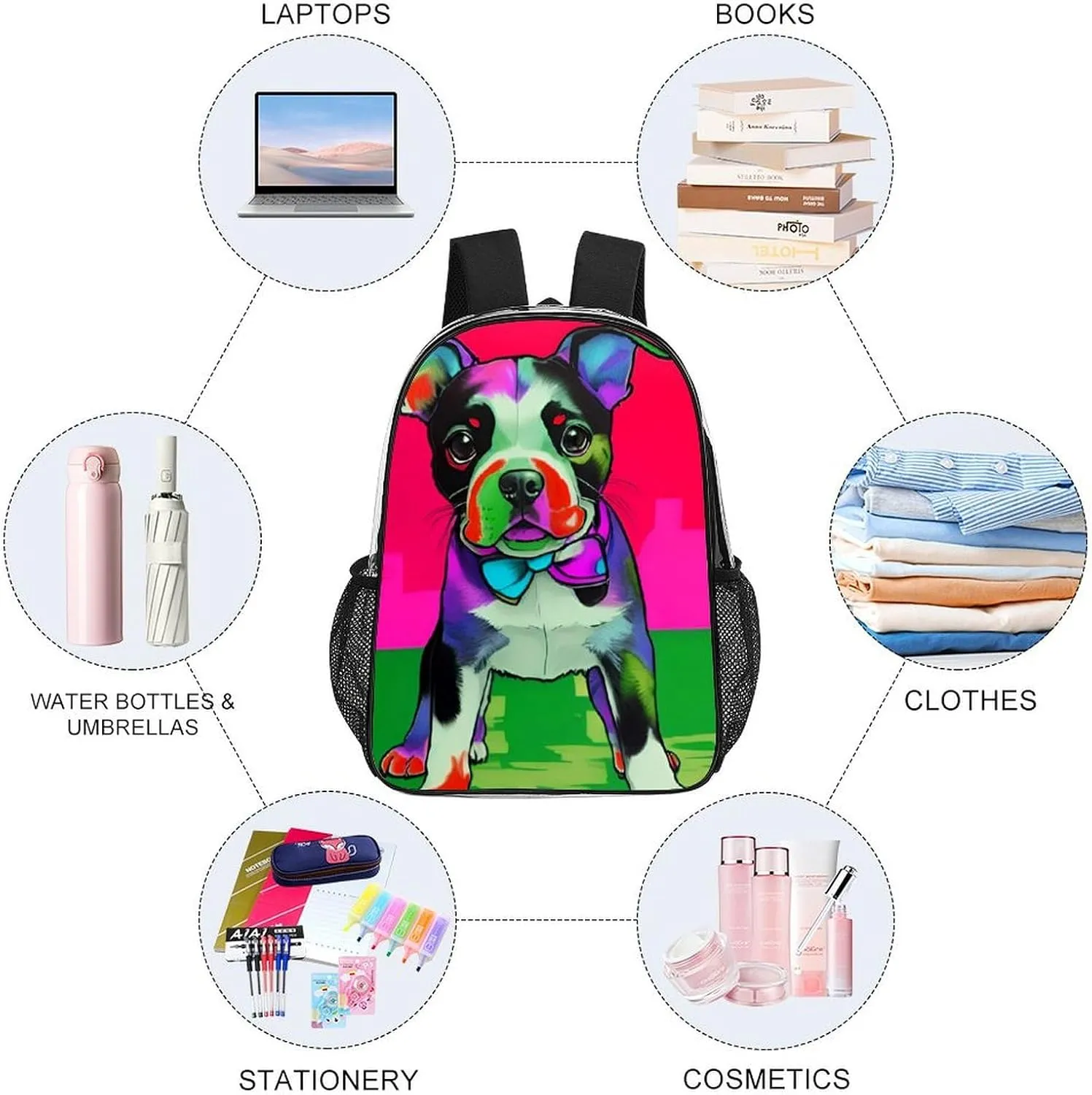 Colorful Dog Daypack Lightweight Multipurpose Anti-Theft Shoulder Bag Large Capacity Laptop Book Bag Rucksack Transparent Bag