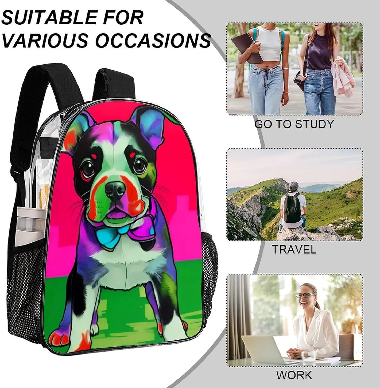 Colorful Dog Daypack Lightweight Multipurpose Anti-Theft Shoulder Bag Large Capacity Laptop Book Bag Rucksack Transparent Bag