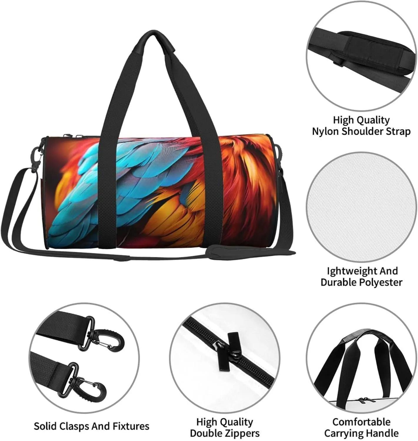 Colorful feathers Travel Duffle Bag for Men Women Sport Gym Bag Foldable Weekender Bag Carry on Overnight Bag for Travel Swimming Basketball