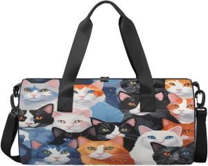 Colorful Kitty Collage Sports Duffel Bag with Shoulder Strap, Large Capacity Gym Bag with Shoe Compartment, Water Resistant Travel Duffle Bag for Men Women Travel, Sports (17.6x9x9 Inch)