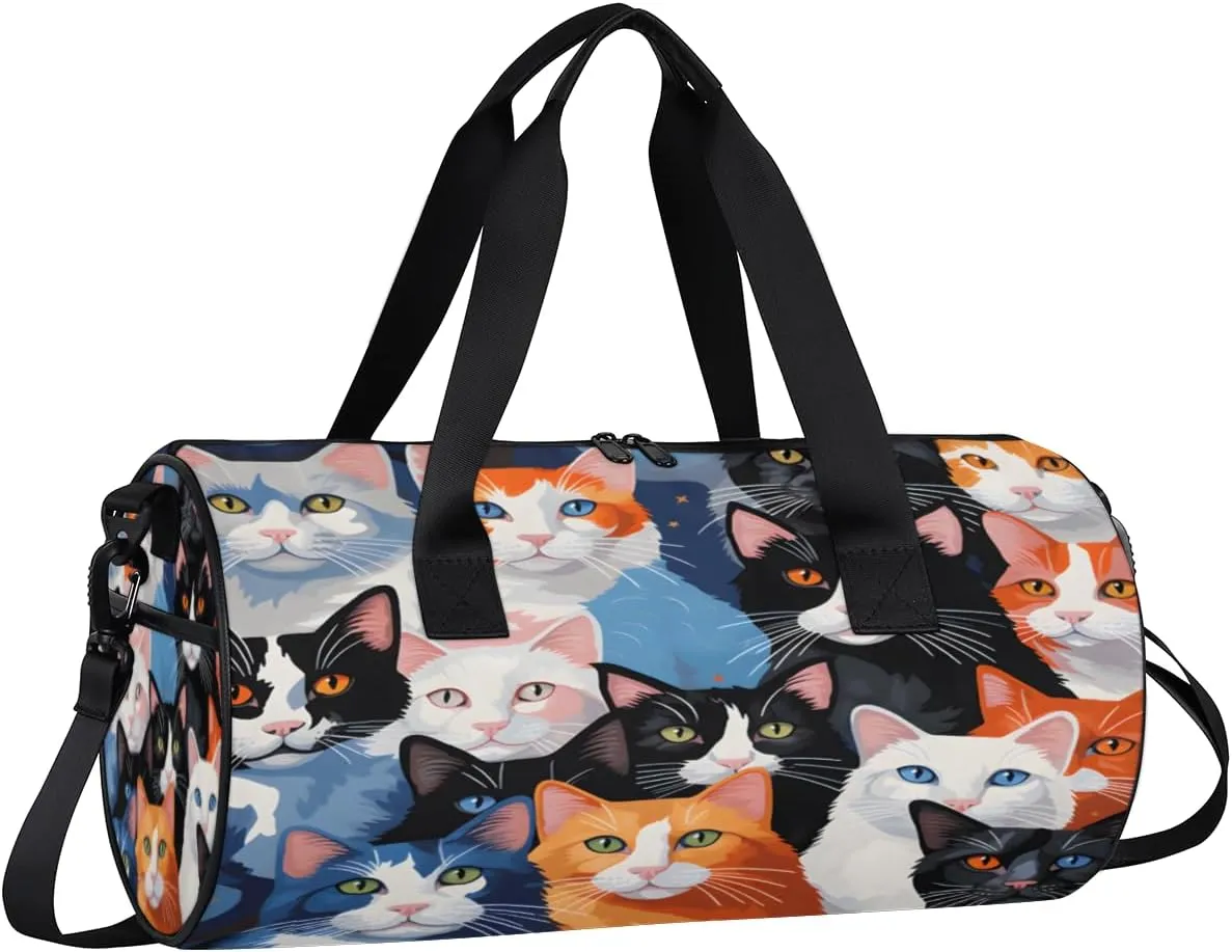 Colorful Kitty Collage Sports Duffel Bag with Shoulder Strap, Large Capacity Gym Bag with Shoe Compartment, Water Resistant Travel Duffle Bag for Men Women Travel, Sports (17.6x9x9 Inch)