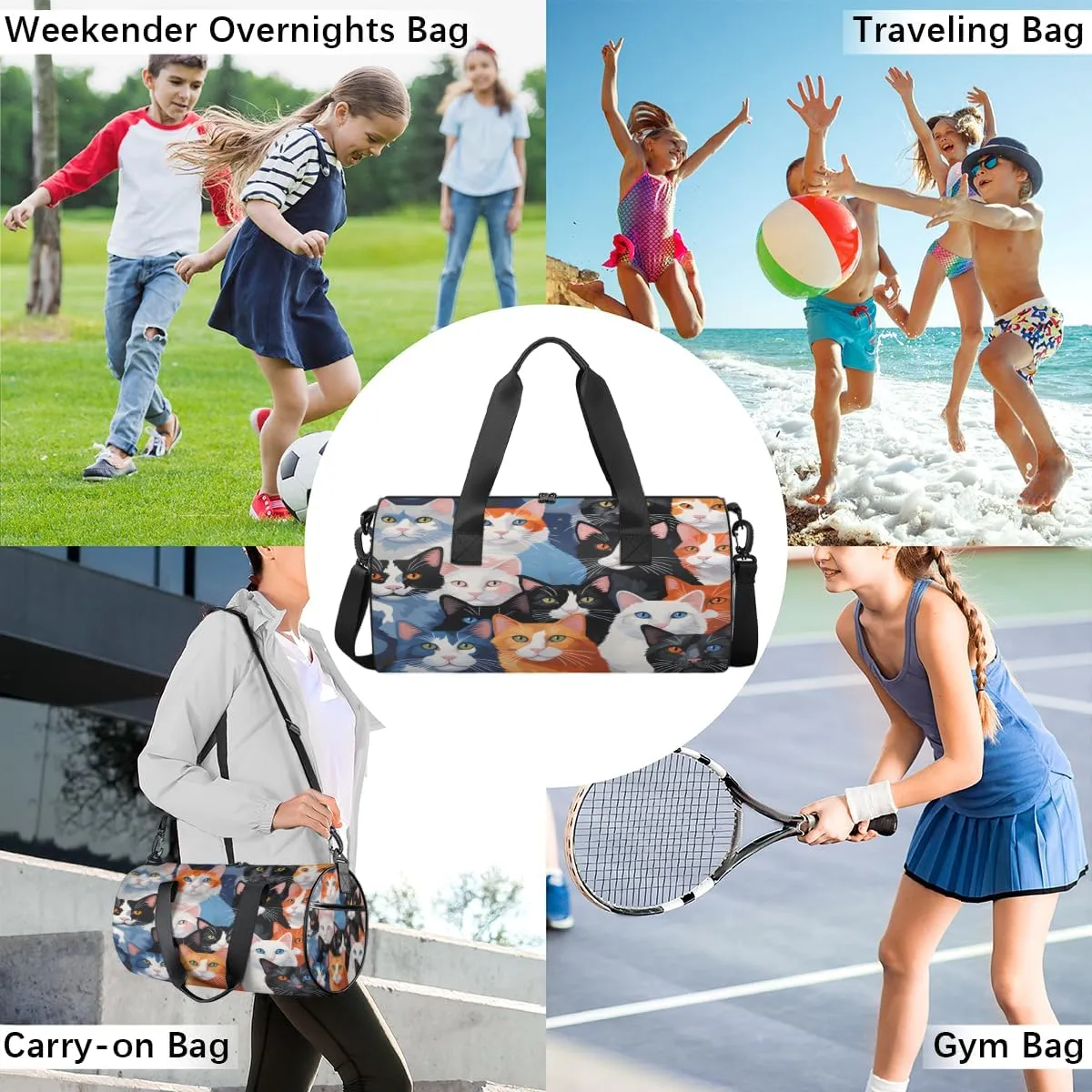 Colorful Kitty Collage Sports Duffel Bag with Shoulder Strap, Large Capacity Gym Bag with Shoe Compartment, Water Resistant Travel Duffle Bag for Men Women Travel, Sports (17.6x9x9 Inch)