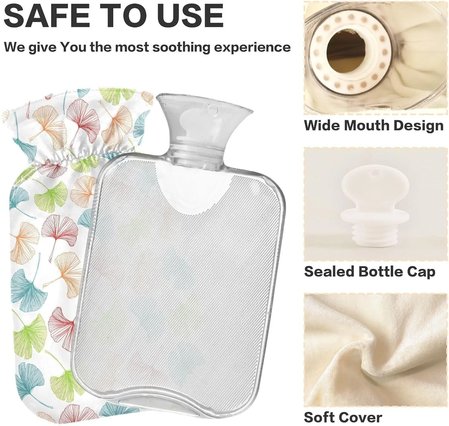 Colorful Leaves White Hot Water Bottle with Cover 1L Durable Hot Water Bag Warm Water Bag for Menstrual Cramps, Neck, Shoulder, Back Pain Relief