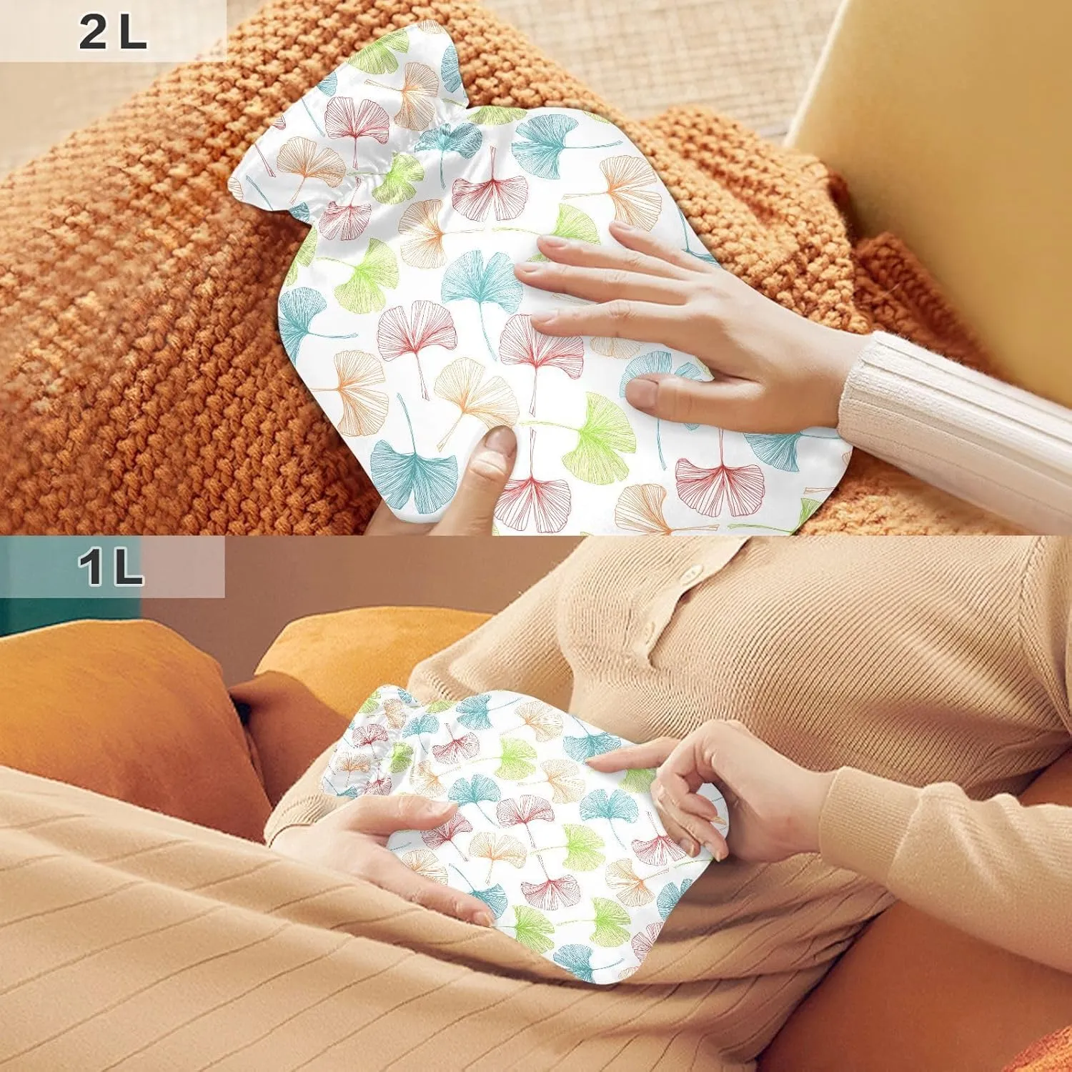 Colorful Leaves White Hot Water Bottle with Cover 1L Durable Hot Water Bag Warm Water Bag for Menstrual Cramps, Neck, Shoulder, Back Pain Relief