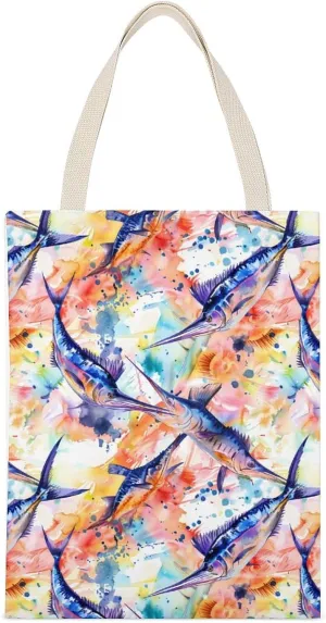 Colorful Marlin Sailfish Watercolor Printed Canvas Tote Bags Shoulder Bag Reusable Grocery Shopping Handbag DIY Gifts 14"x18"