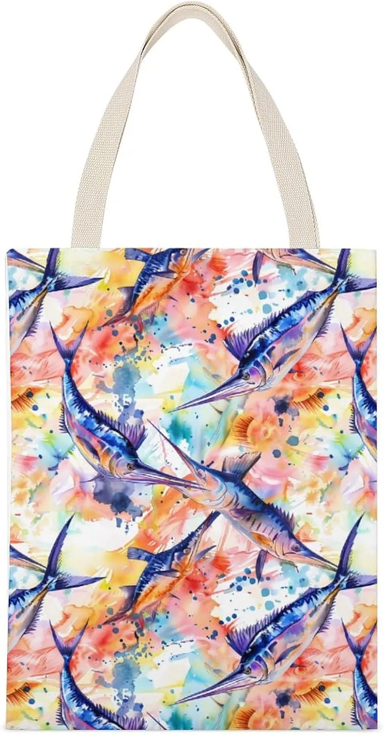 Colorful Marlin Sailfish Watercolor Printed Canvas Tote Bags Shoulder Bag Reusable Grocery Shopping Handbag DIY Gifts 14"x18"