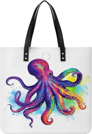 Colorful Octopus Tote Bag Pu Leather Handbags for Women Shopping Shoulder Bags Travel Hobo Bags Slouchy Tote Big Capacity Cross Body Handbags Laptop Briefcases