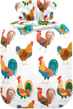 Colorful Roosters White Hot Water Bottle with Cover, 2 Liters Hot Water Bag for Neck, Shoulders and Legs Pain Relief, Menstrual Cramps, Hot and Cold Compress