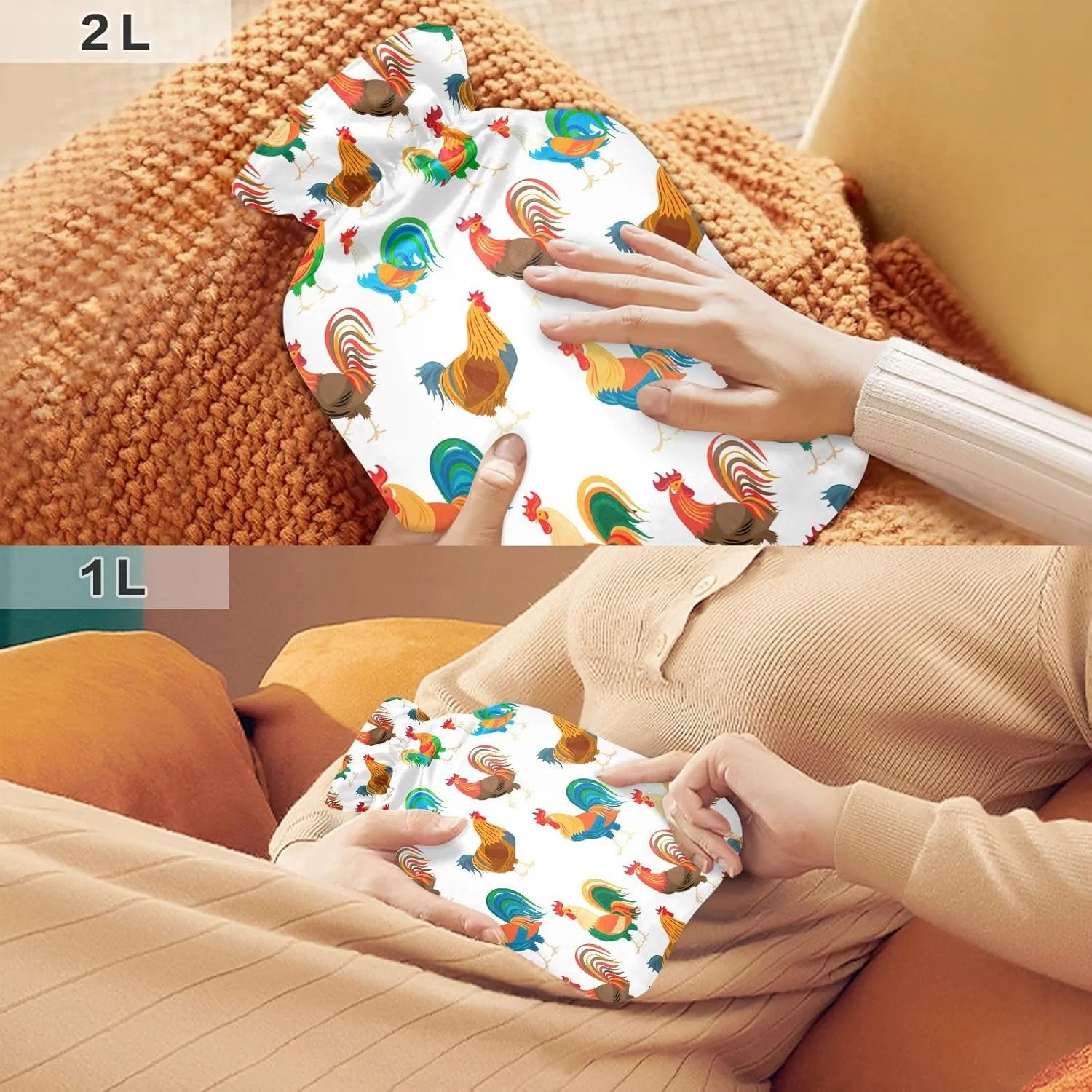 Colorful Roosters White Hot Water Bottle with Cover, 2 Liters Hot Water Bag for Neck, Shoulders and Legs Pain Relief, Menstrual Cramps, Hot and Cold Compress
